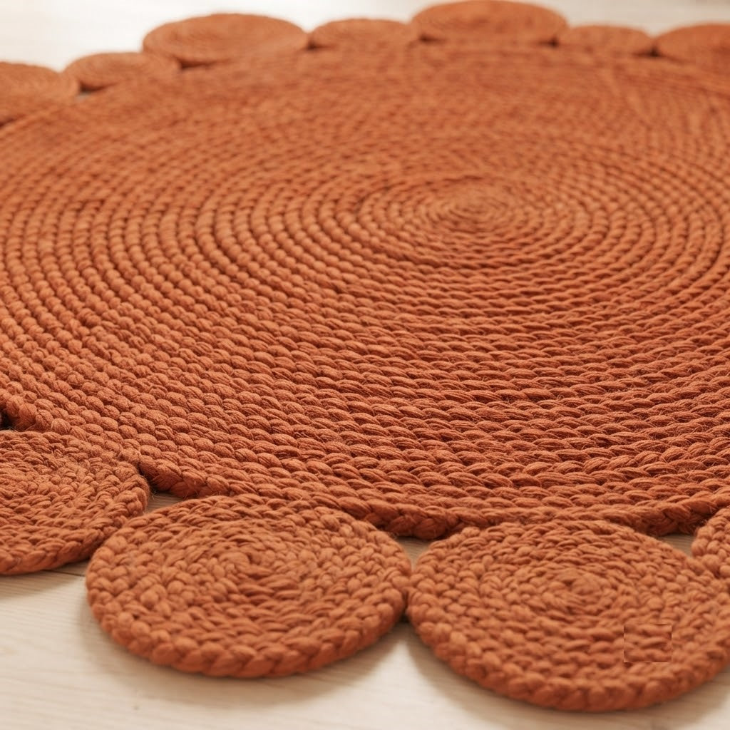 Round Shape Area Rug 100% Hand Braided Rustic Look Carpet for Home Decor Farmhouse Boho Scallop Rugs (Orange)