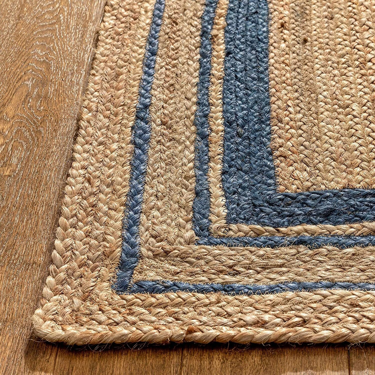 Rectangle Natural Jute Area Rug Hand Woven Braided Sisal Rug Home Decor Farmhouse Carpet Rag Rug for Kitchen Living Room and Bedroom-Blue Border