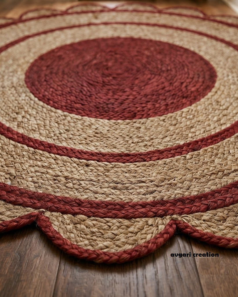 Round Shape Area Rug 100% Hand Braided Rustic Look Carpet for Home Decor Farmhouse Boho Scallop Rugs (Red Border)