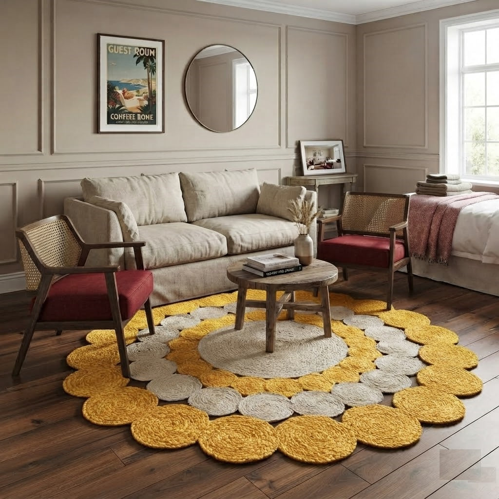 Jute Rug Round Shape Area Rug 100% Hand Braided Rustic Look Area Rug for Home Decor Farmhouse Boho Carpet Mats (Yellow & White)