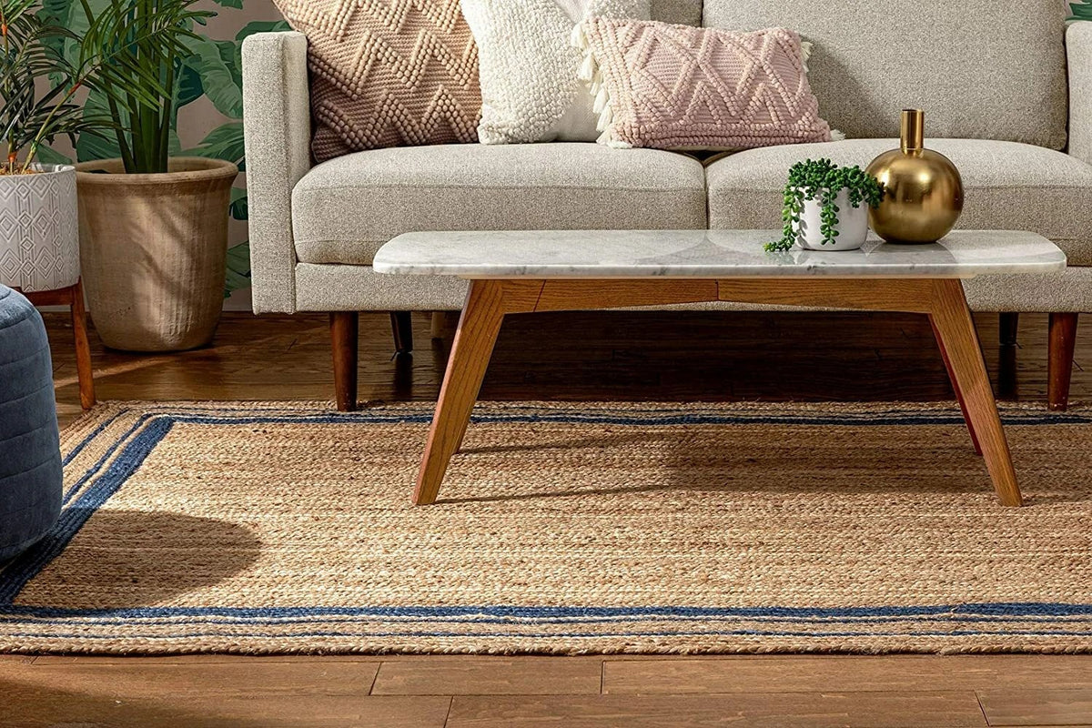 Rectangle Natural Jute Area Rug Hand Woven Braided Sisal Rug Home Decor Farmhouse Carpet Rag Rug for Kitchen Living Room and Bedroom-Blue Border