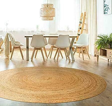 RUG Jute Natural Hand Braided Rug Round Shape Handmade Natural Fiber Area Carpet Decorative Look Carpet (180 x 180 Cm (6x6 Feet), Beige)