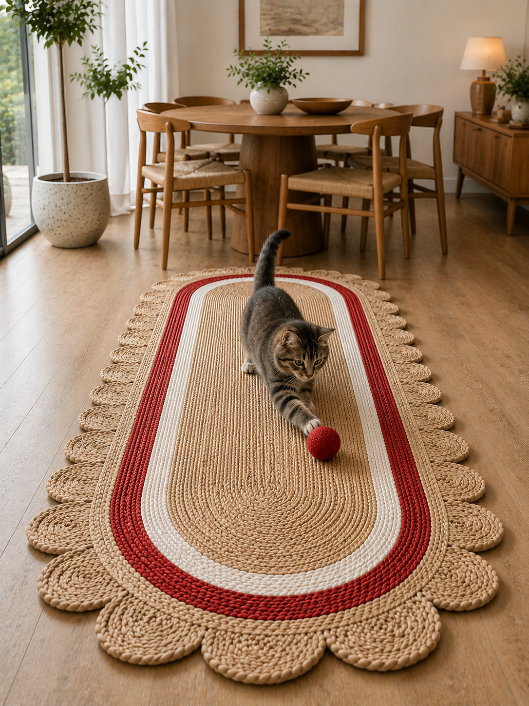 Oval Handwoven Jute Area Rug Natural Farmhouse Boho Rug for Living Room, Bedroom & Entryway Rustic Indoor Floor Scallop Carpet (Red.White Border)