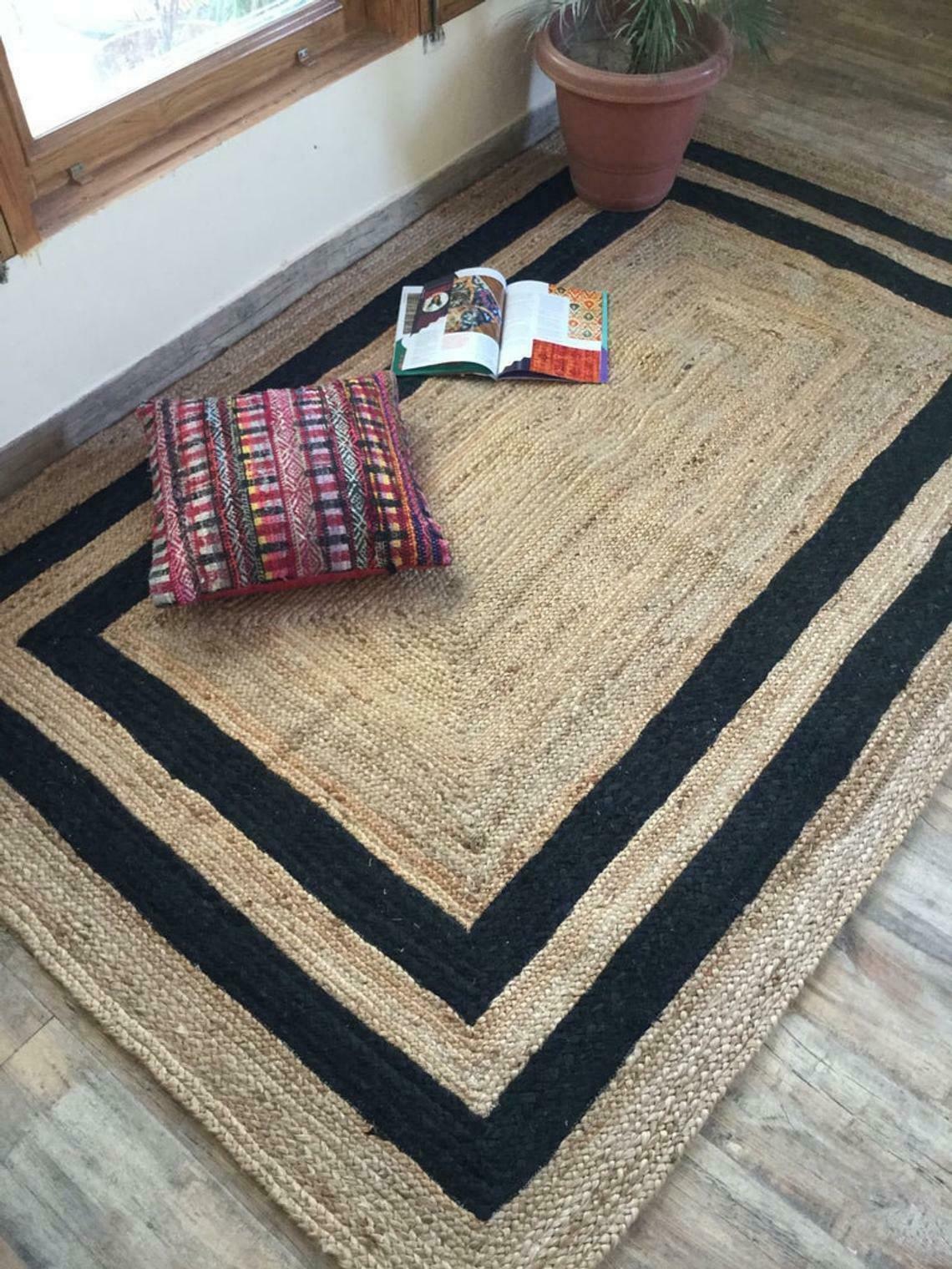 Rectangle Natural Jute Area Rug Hand Woven Braided Rag Rug for Kitchen Living Room and Bedroom Area Rug-Black Border
