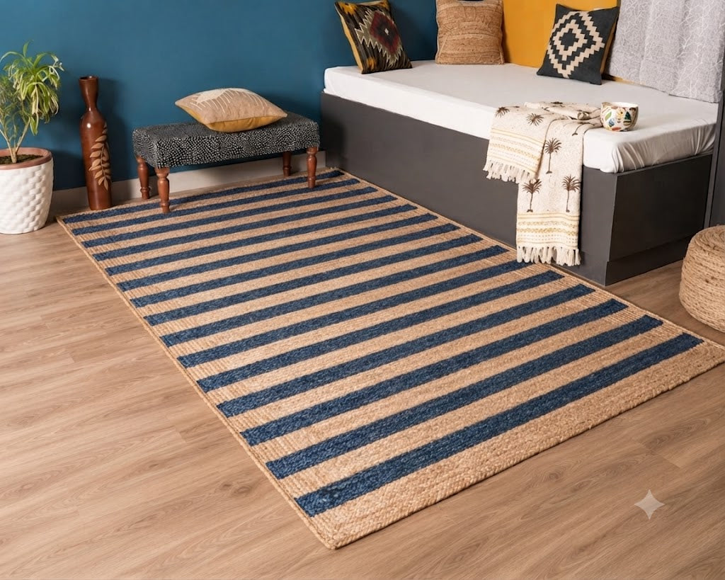 Natural Jute Area Rug Hand Woven Braided Sisal Rug Home Decor Farmhouse Carpet Rag Rug for Kitchen Living Room and Bedroom - Rectangle (Blue & Beige)