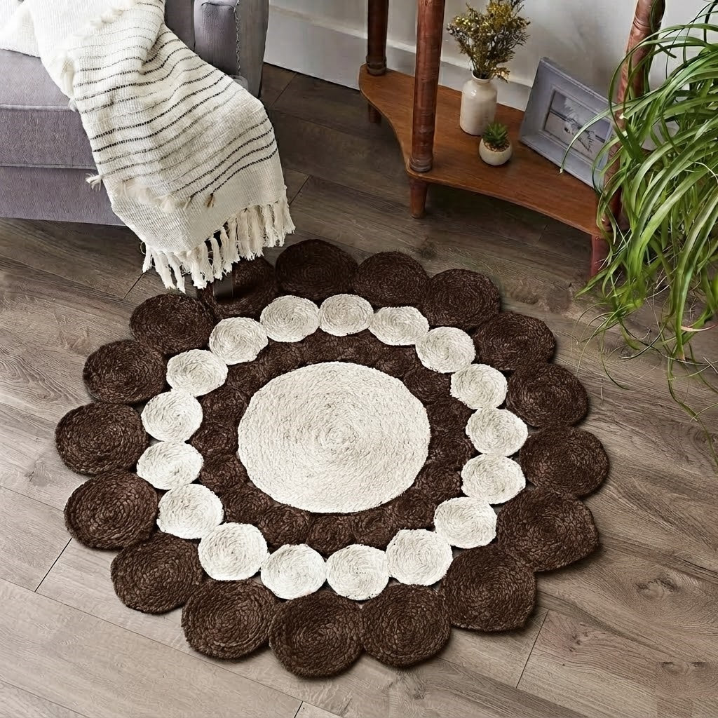Jute Rug Round Shape Area Rug 100% Hand Braided Rustic Look Area Rug for Home Decor Farmhouse Boho Carpet Mats (Brown & White)