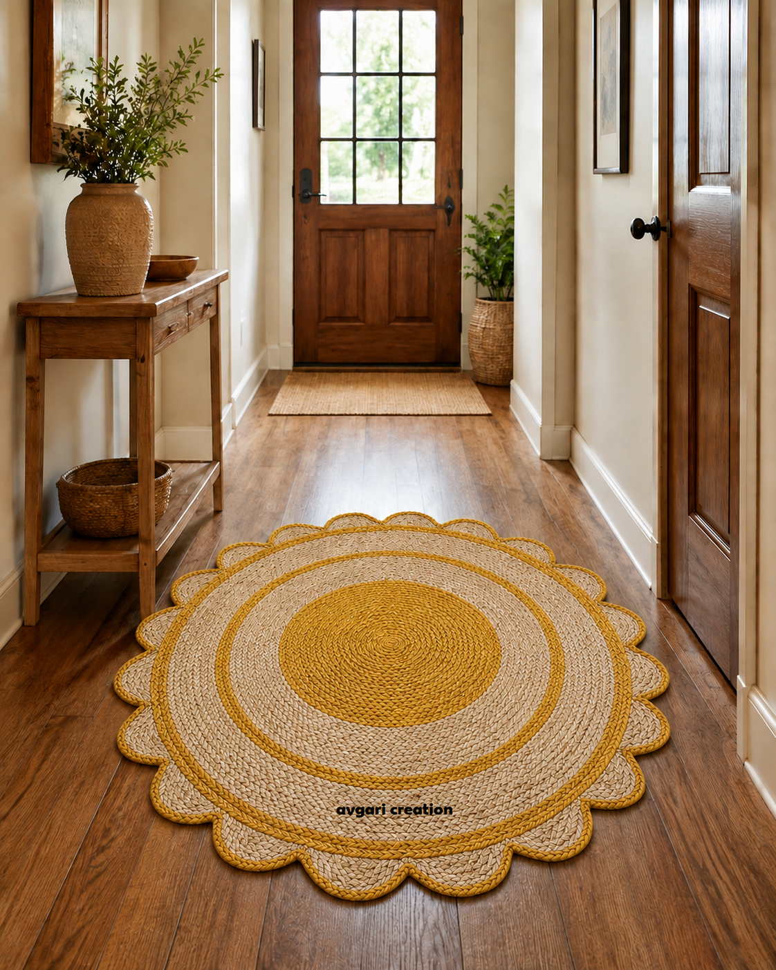 Round Shape Area Rug 100% Hand Braided Rustic Look Carpet for Home Decor Farmhouse Boho Scallop Rugs (Yellow Border)