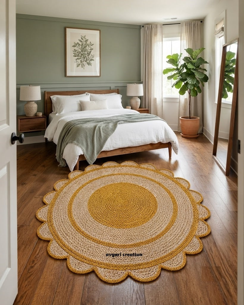 Round Shape Area Rug 100% Hand Braided Rustic Look Carpet for Home Decor Farmhouse Boho Scallop Rugs (Yellow Border)