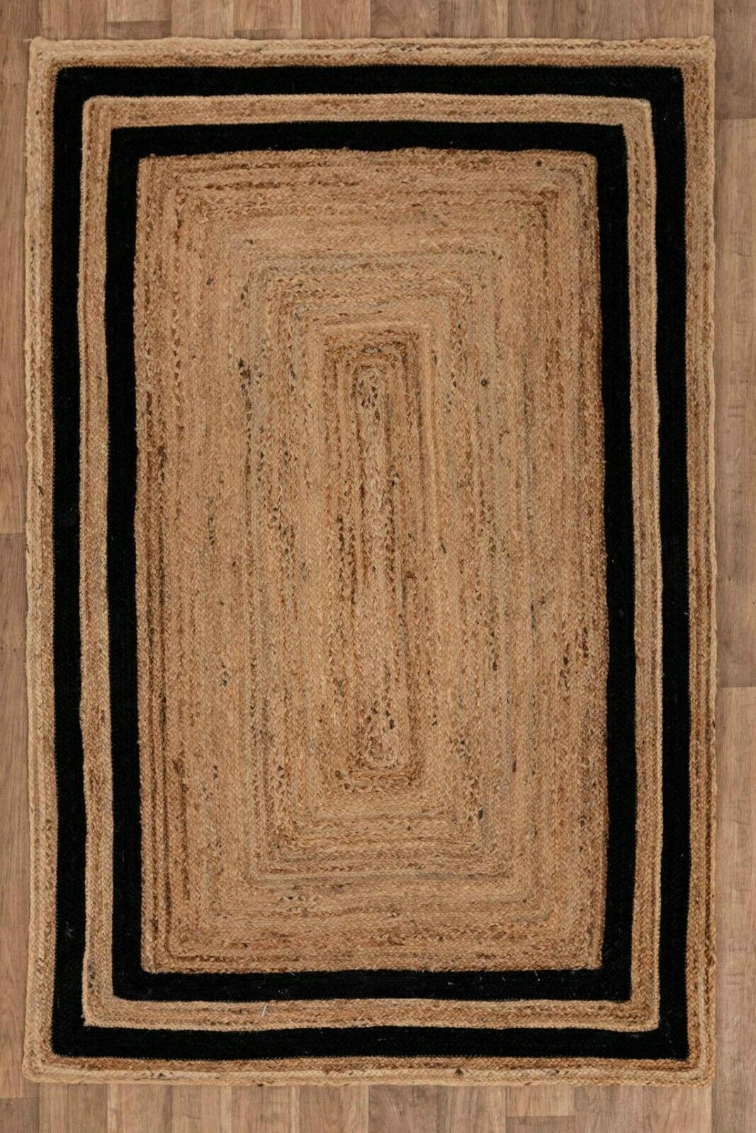 Rectangle Natural Jute Area Rug Hand Woven Braided Rag Rug for Kitchen Living Room and Bedroom Area Rug-Black Border