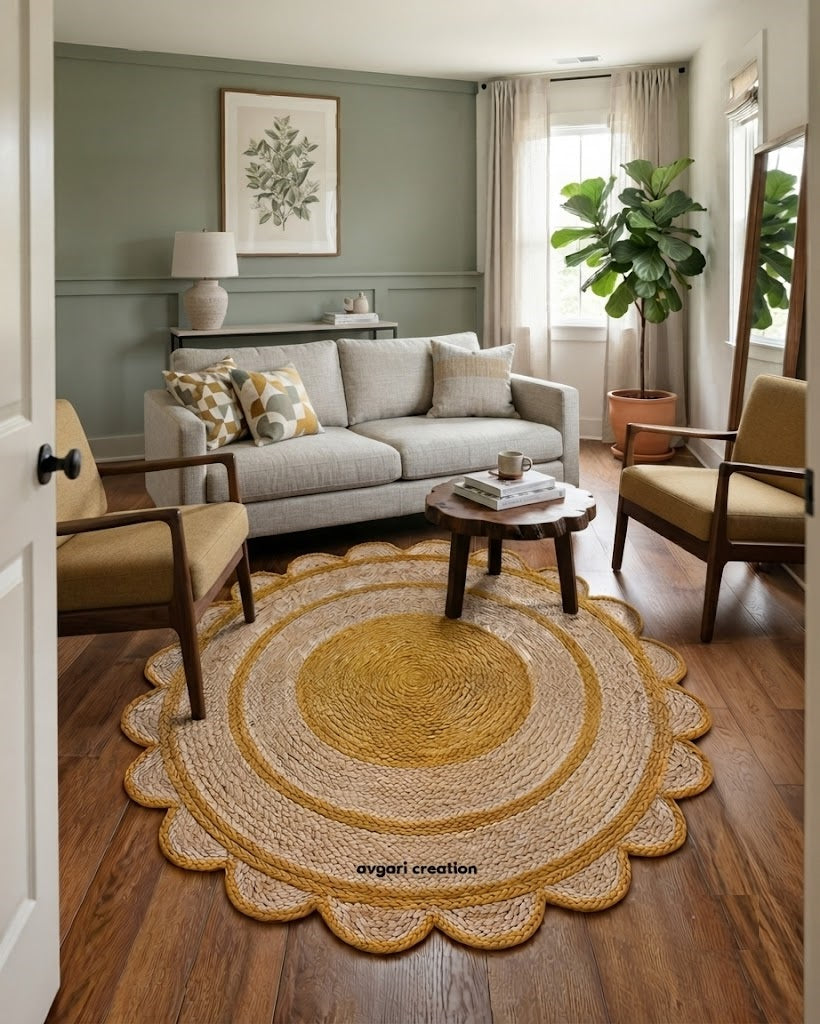 Round Shape Area Rug 100% Hand Braided Rustic Look Carpet for Home Decor Farmhouse Boho Scallop Rugs (Yellow Border)