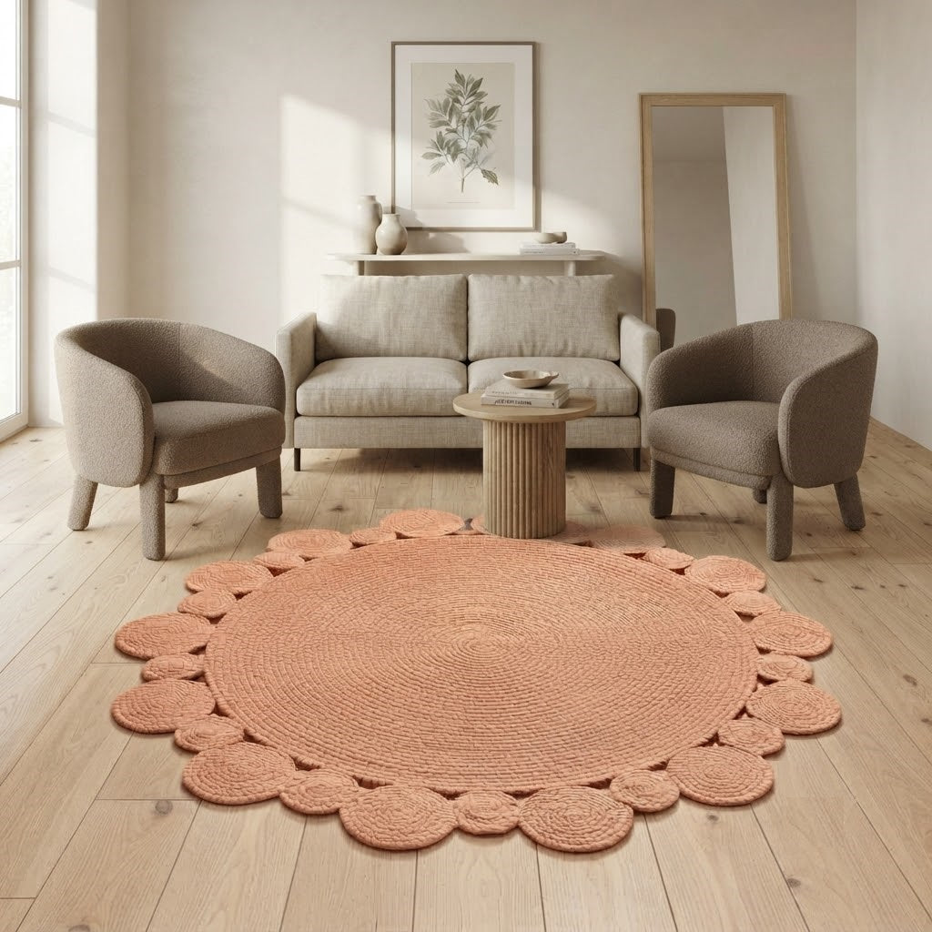 Round Shape Area Rug 100% Hand Braided Rustic Look Carpet for Home Decor Farmhouse Boho Scallop Rugs (Peach)
