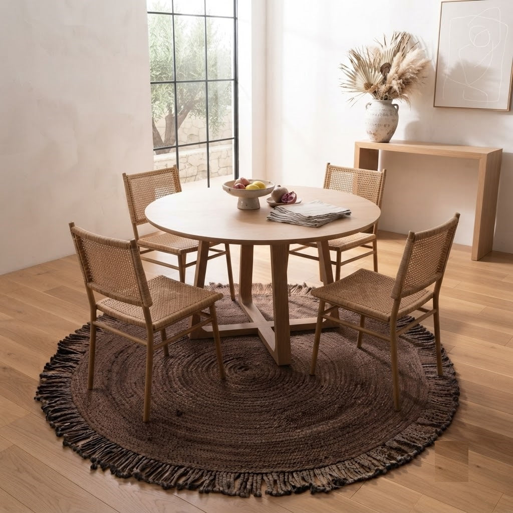 Round Shape Area Rug 100% Hand Braided Rustic Look Carpet for Home Decor Farmhouse Boho Rugs Mats With Fringes (Brown)