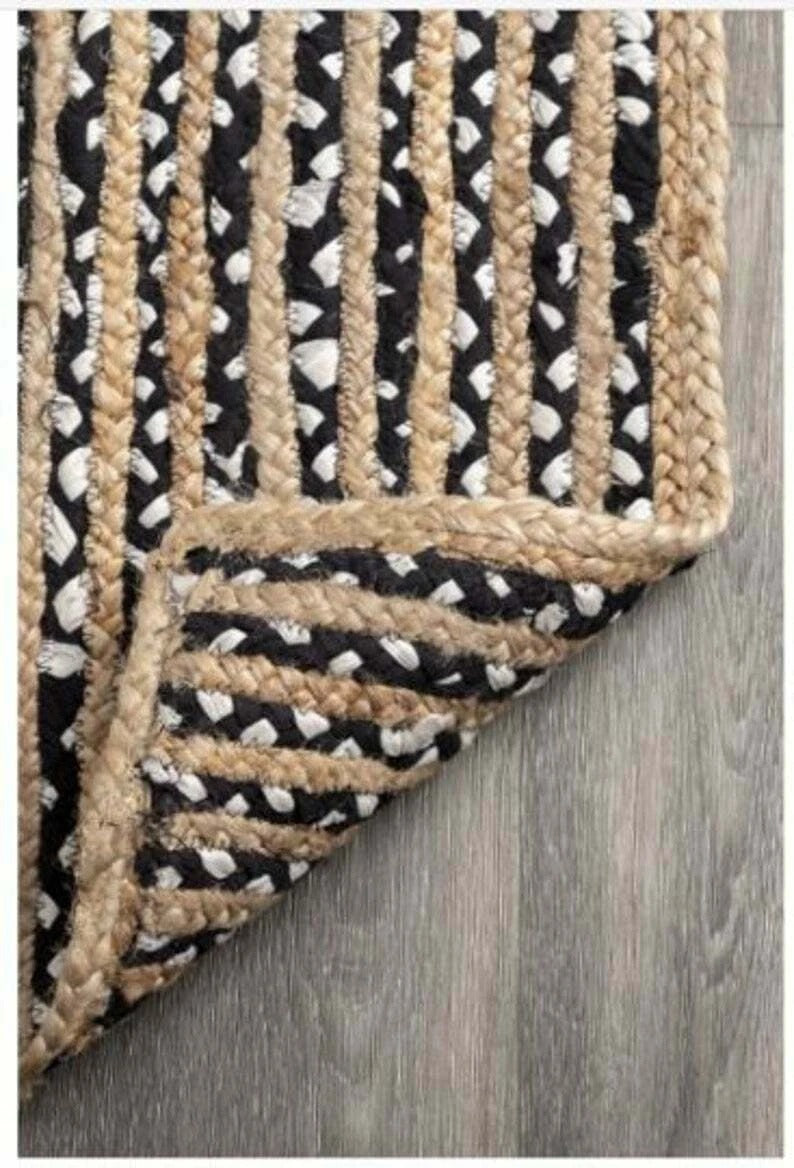 Rectangle Cotton Jute Area Rug Hand Woven Braided Sisal Rug Home Decor Farmhouse Carpet Rag Rug for Kitchen Living Room and Bedroom-Black & White