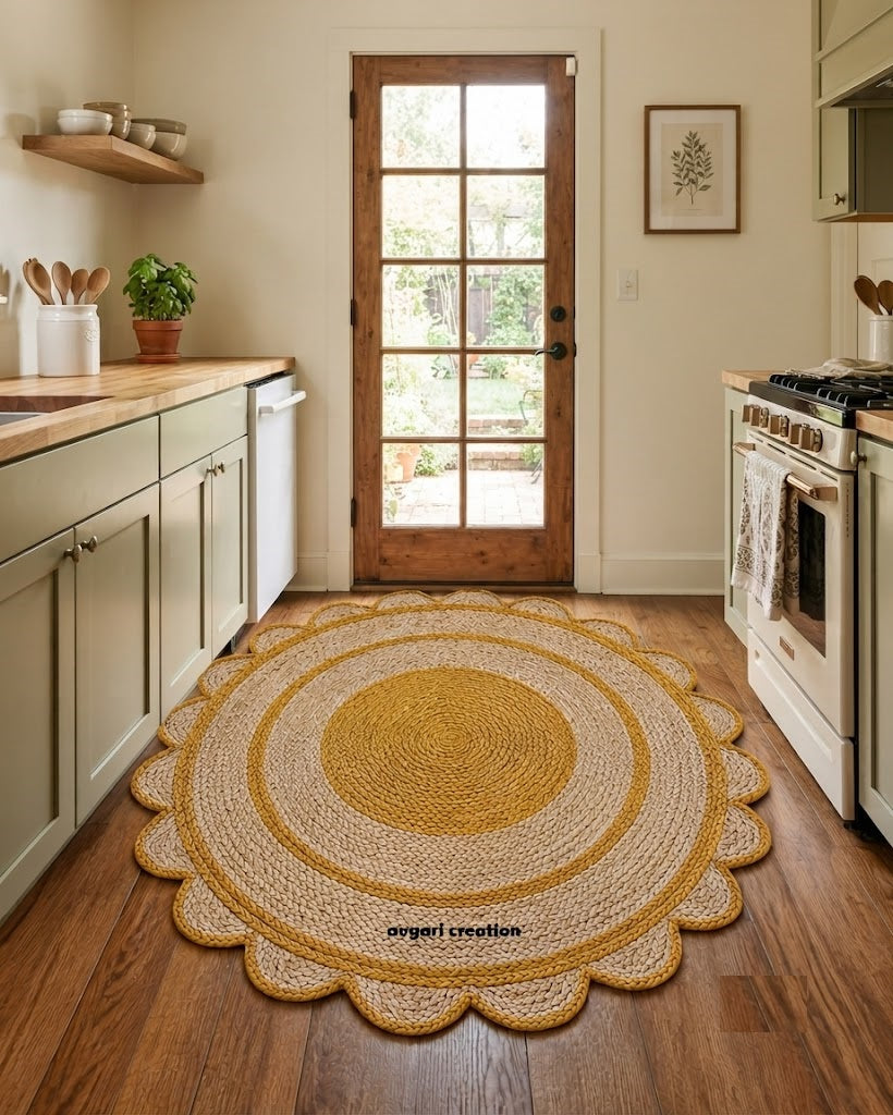Round Shape Area Rug 100% Hand Braided Rustic Look Carpet for Home Decor Farmhouse Boho Scallop Rugs (Yellow Border)