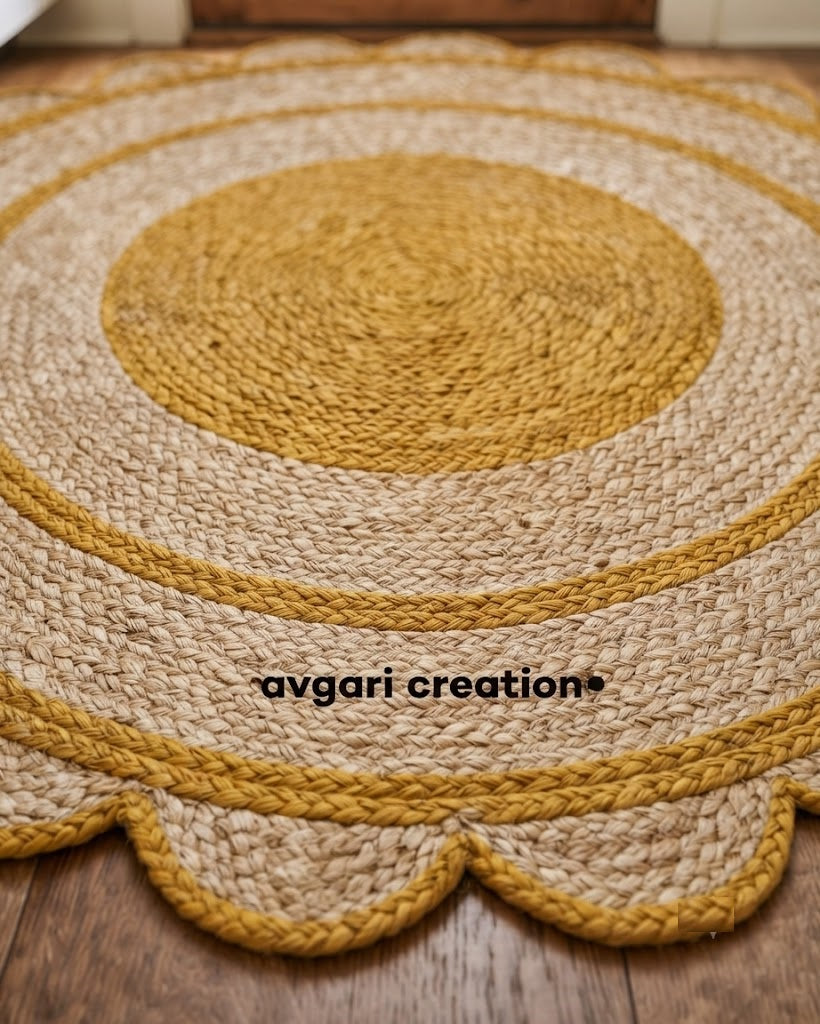 Round Shape Area Rug 100% Hand Braided Rustic Look Carpet for Home Decor Farmhouse Boho Scallop Rugs (Yellow Border)