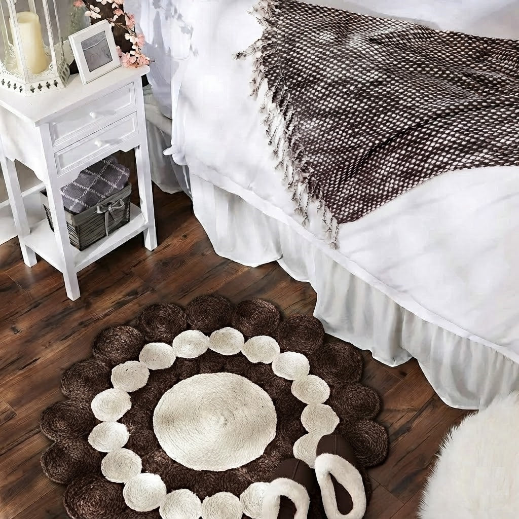 Jute Rug Round Shape Area Rug 100% Hand Braided Rustic Look Area Rug for Home Decor Farmhouse Boho Carpet Mats (Brown & White)
