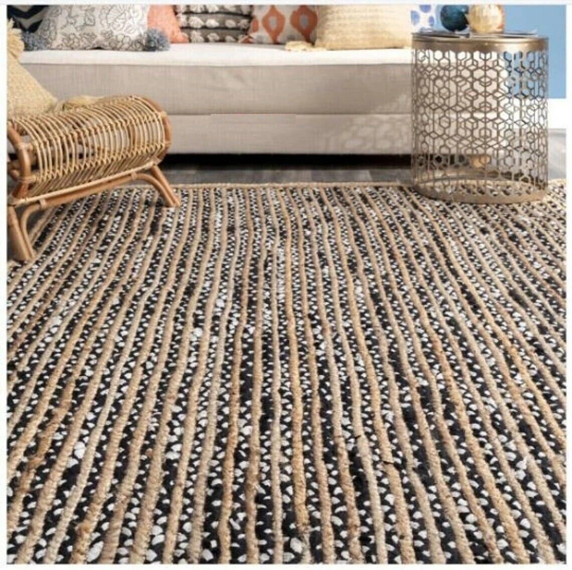 Rectangle Cotton Jute Area Rug Hand Woven Braided Sisal Rug Home Decor Farmhouse Carpet Rag Rug for Kitchen Living Room and Bedroom-Black & White