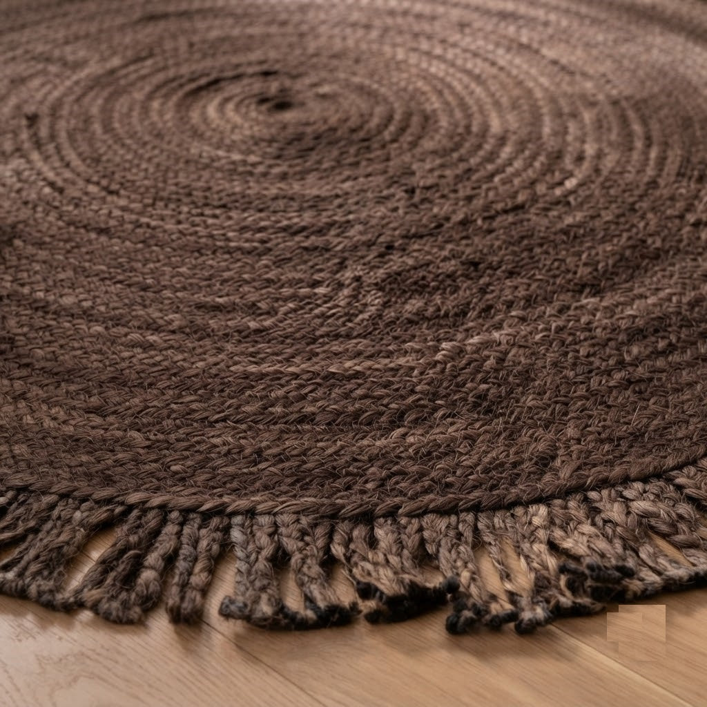 Round Shape Area Rug 100% Hand Braided Rustic Look Carpet for Home Decor Farmhouse Boho Rugs Mats With Fringes (Brown)