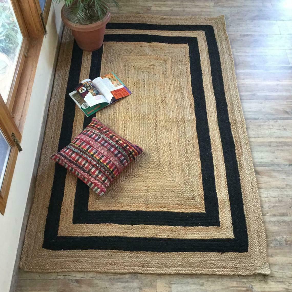 Rectangle Natural Jute Area Rug Hand Woven Braided Rag Rug for Kitchen Living Room and Bedroom Area Rug-Black Border