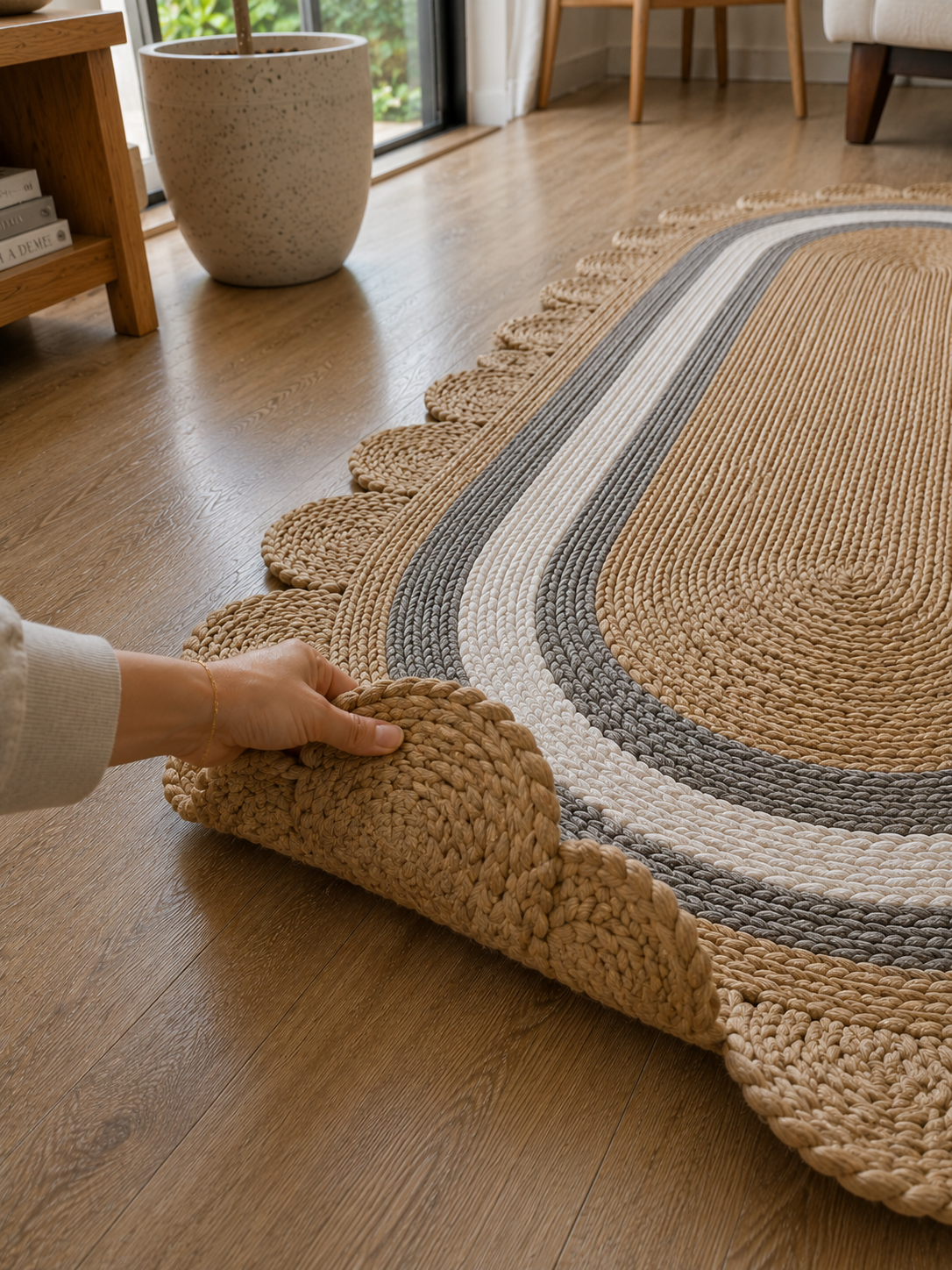 Oval Handwoven Jute Area Rug Natural Farmhouse Boho Rug for Living Room, Bedroom & Entryway Rustic Indoor Floor Scallop Carpet (White Grey Border)