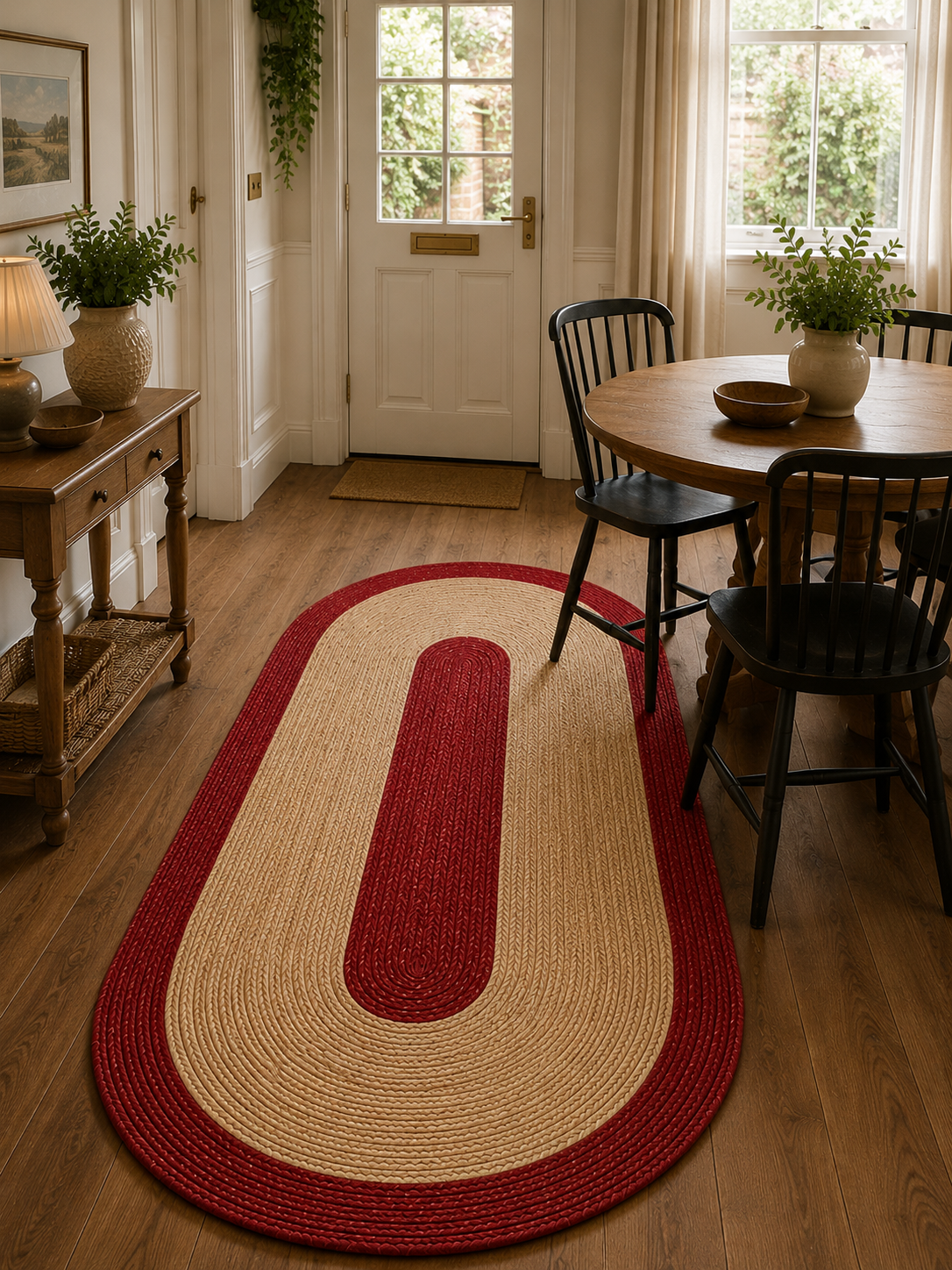 Natural Farmhouse Boho Oval Handwoven Jute Area Rug for Living Room, Bedroom & Entryway Rustic Indoor Floor Carpet (Red Border)