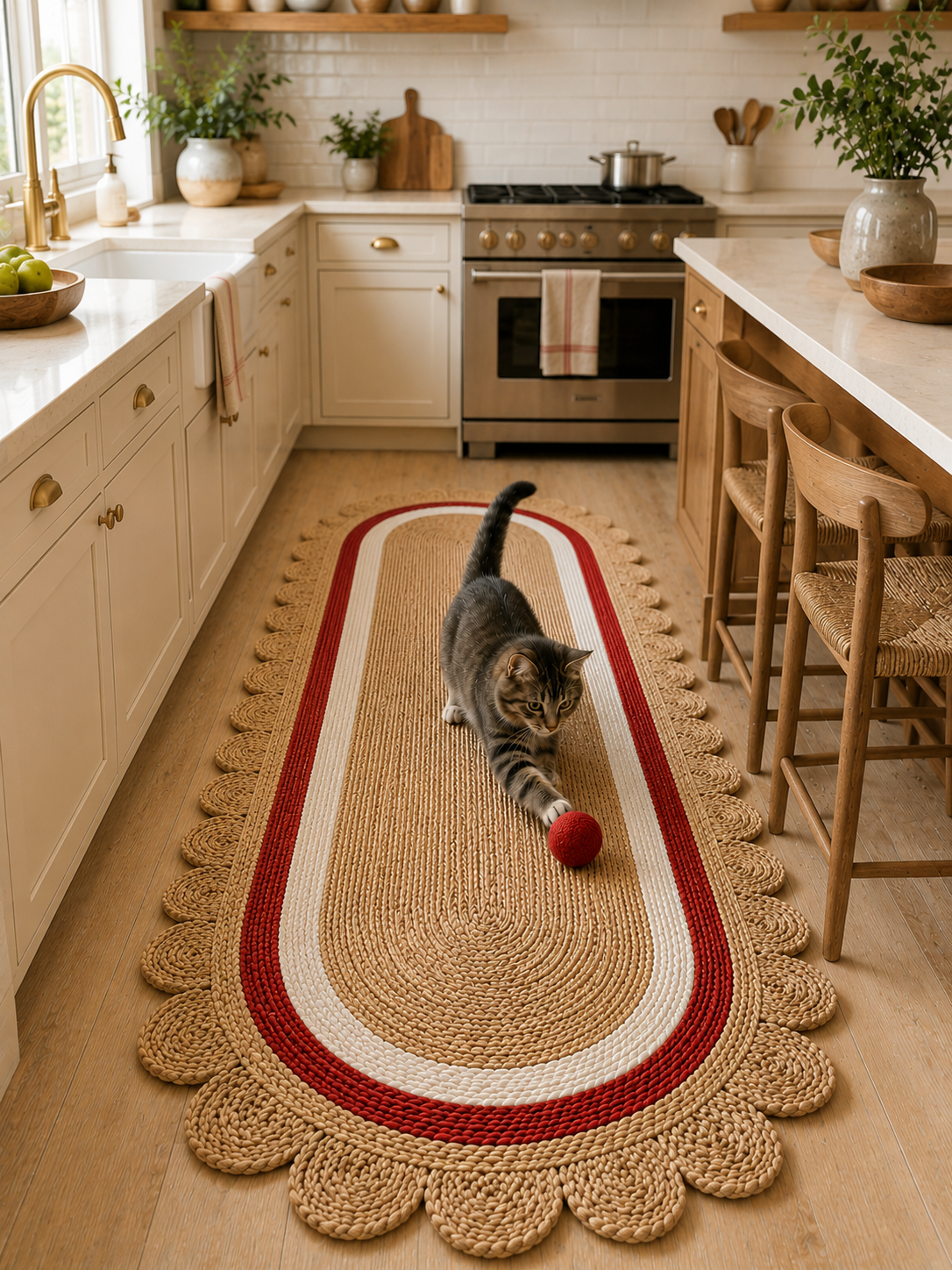 Oval Handwoven Jute Area Rug Natural Farmhouse Boho Rug for Living Room, Bedroom & Entryway Rustic Indoor Floor Scallop Carpet (Red.White Border)