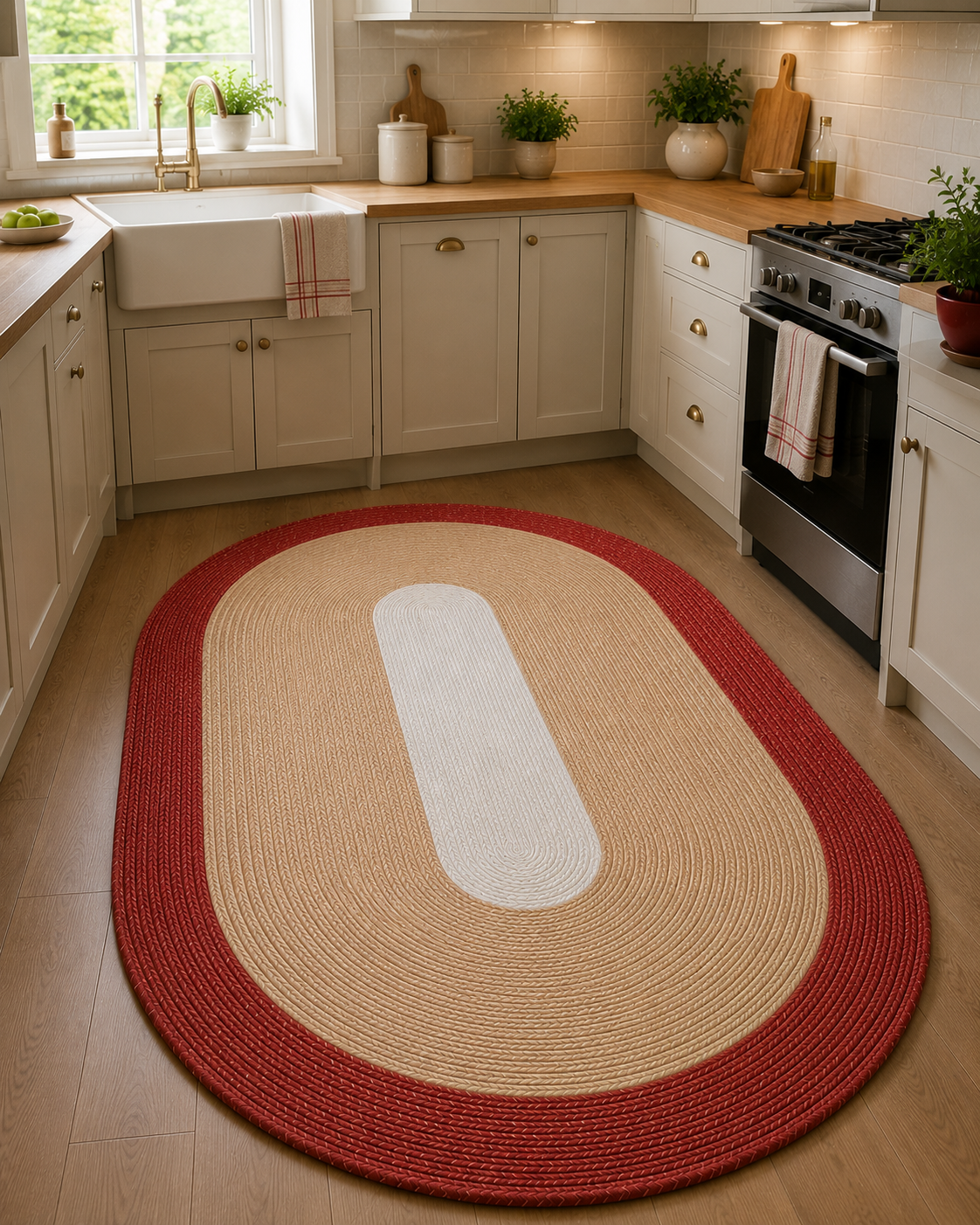 Natural Farmhouse Boho Oval Handwoven Jute Area Rug for Living Room, Bedroom & Entryway Rustic Indoor Floor Carpet (Red Border)