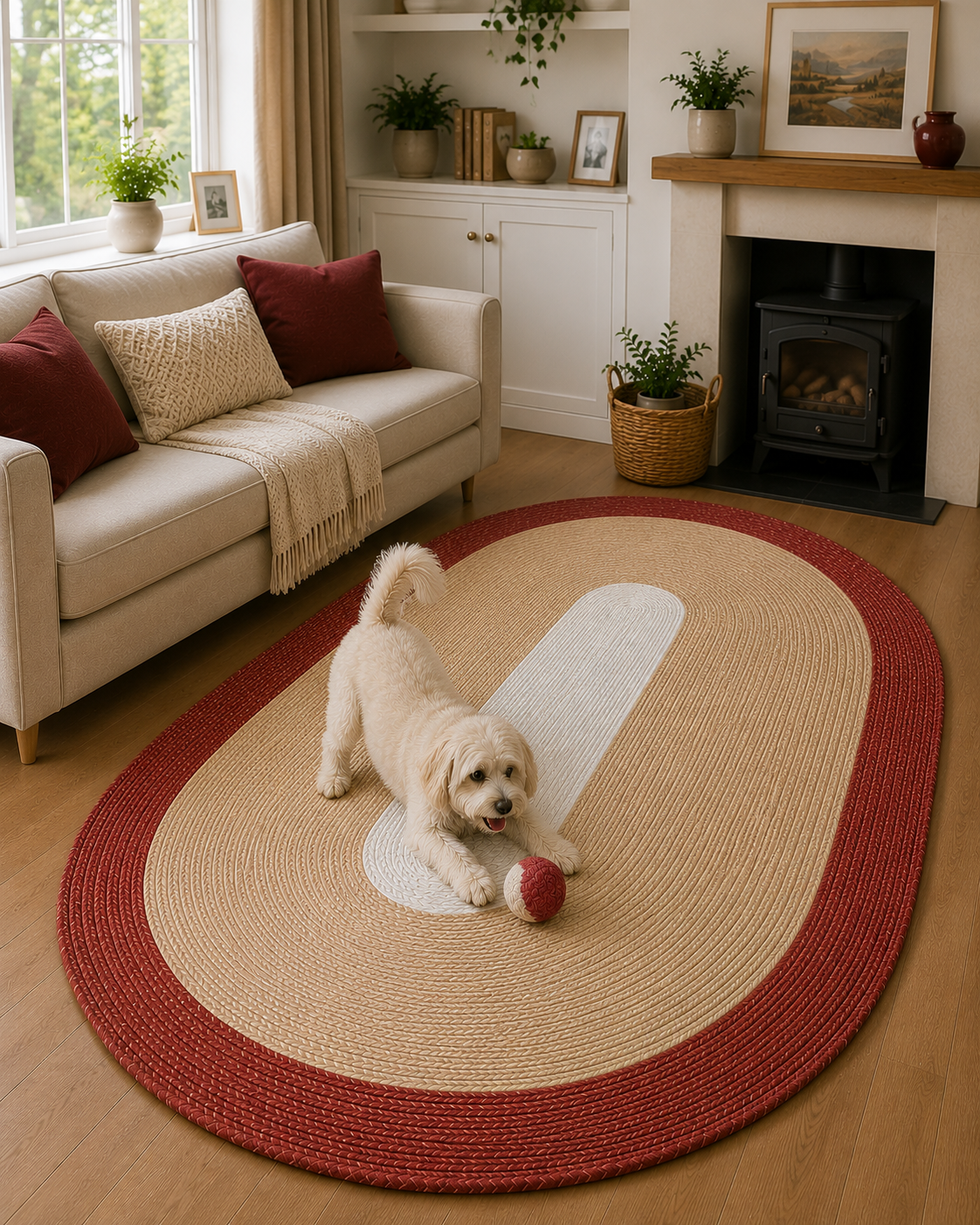Natural Farmhouse Boho Oval Handwoven Jute Area Rug for Living Room, Bedroom & Entryway Rustic Indoor Floor Carpet (Red Border)