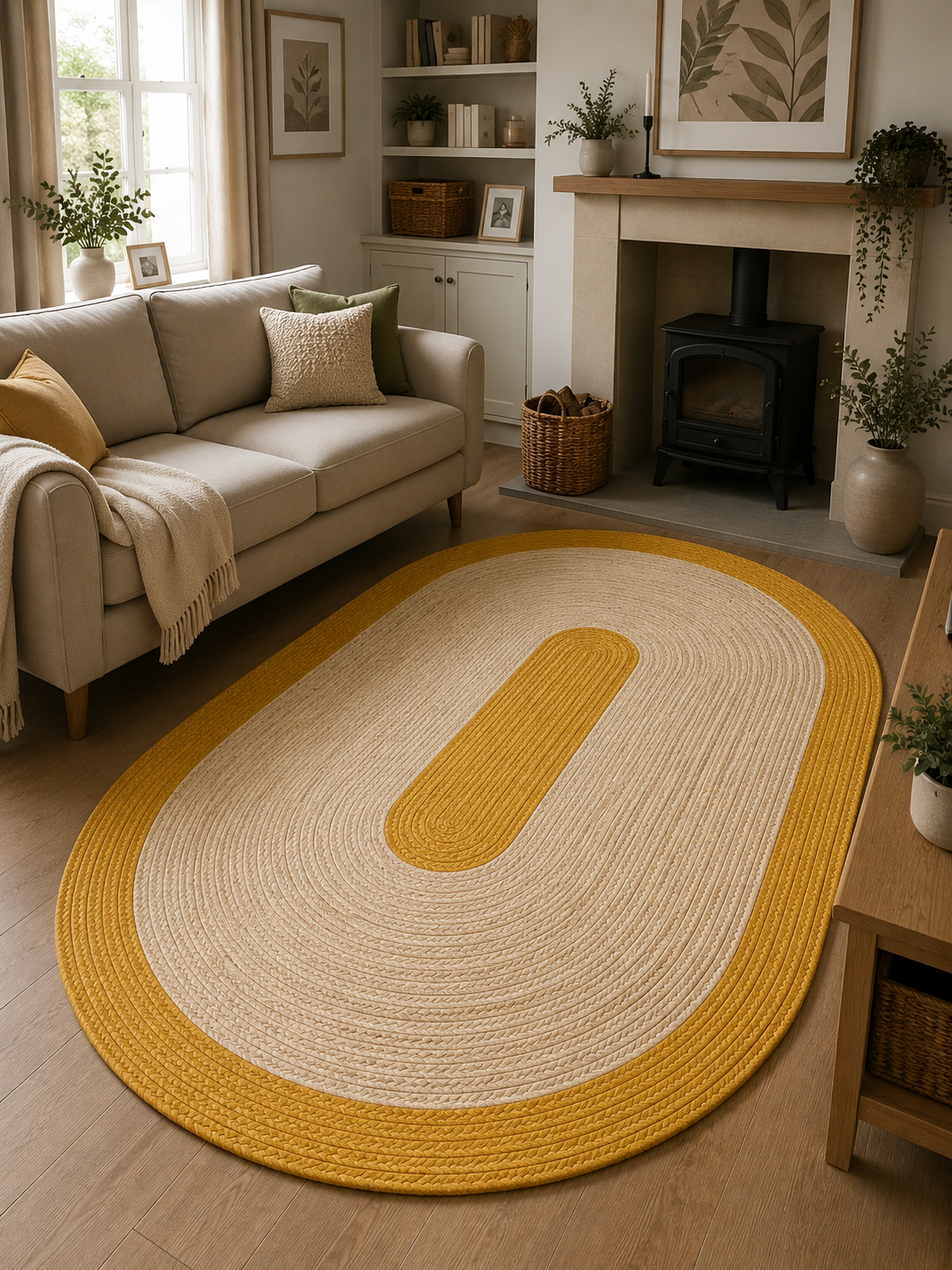 Natural Farmhouse Boho Oval Handwoven Jute Area Rug for Living Room, Bedroom & Entryway Rustic Indoor Floor Carpet (Yellow Border)