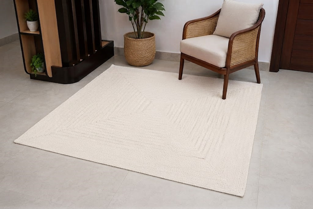 Natural Jute Area Rug Hand Braided Rug Home Decor Farmhouse Carpet Rag Rug for Kitchen Living Room and Bedroom - Rectangle-White