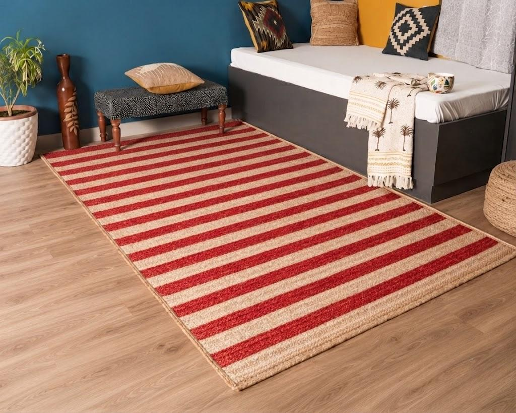 Natural Jute Area Rug Hand Woven Braided Sisal Rug Home Decor Farmhouse Carpet Rag Rug for Kitchen Living Room and Bedroom - Rectangle (Red & Beige)