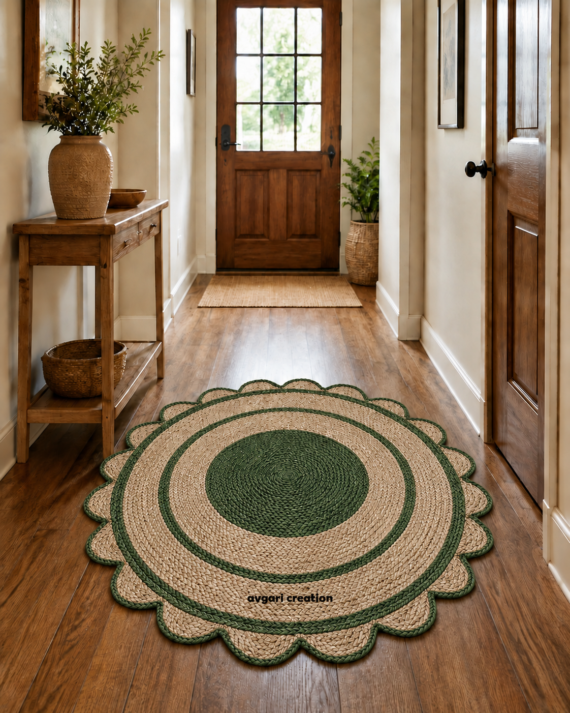 Round Shape Area Rug 100% Hand Braided Rustic Look Carpet for Home Decor Farmhouse Boho Scallop Rugs (Green Border)