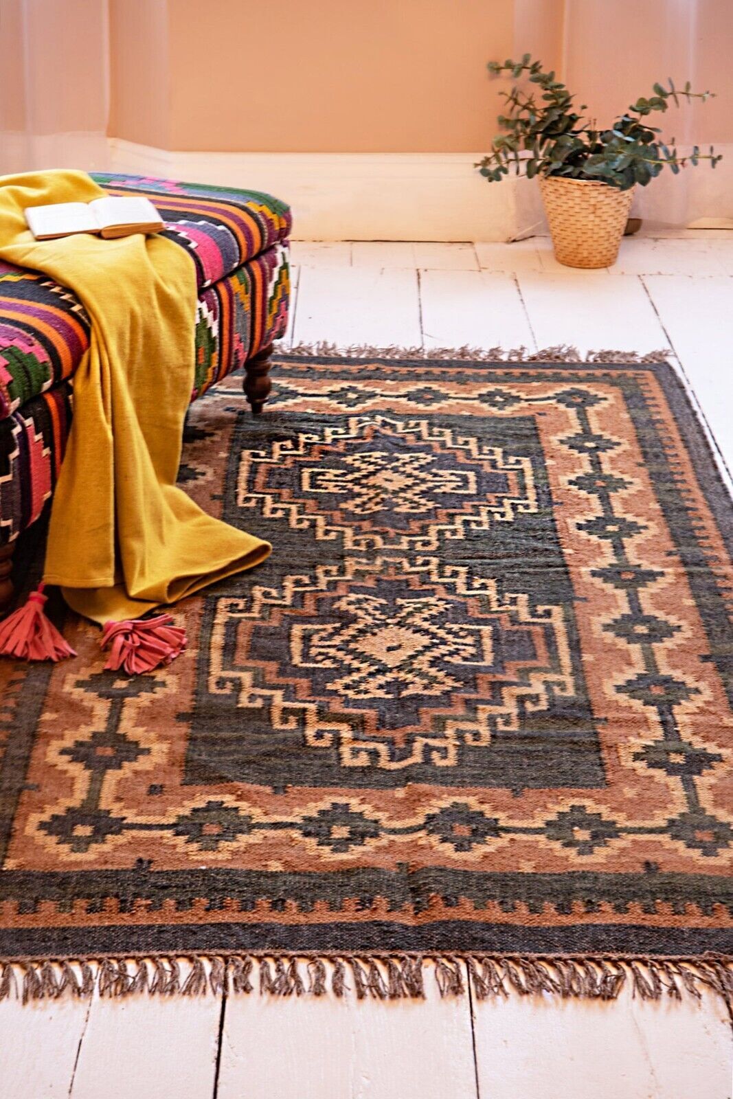 Handmade Rectangle Kilim WoolBoho Rustic Look Durable Area Carpet Jute Rug Farmhouse Mats