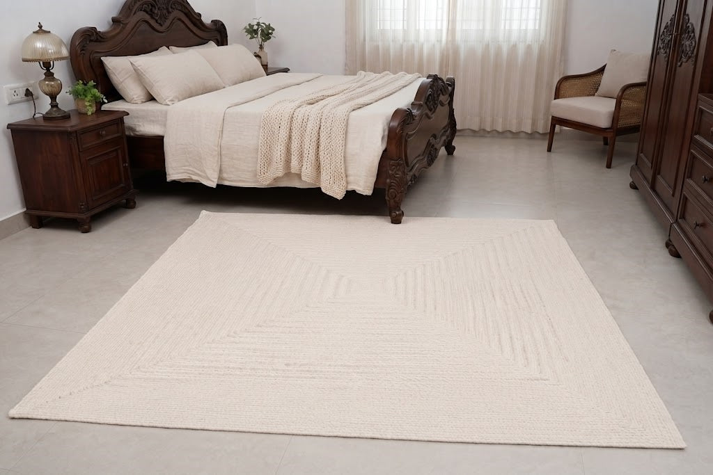 Natural Jute Area Rug Hand Braided Rug Home Decor Farmhouse Carpet Rag Rug for Kitchen Living Room and Bedroom - Rectangle-White