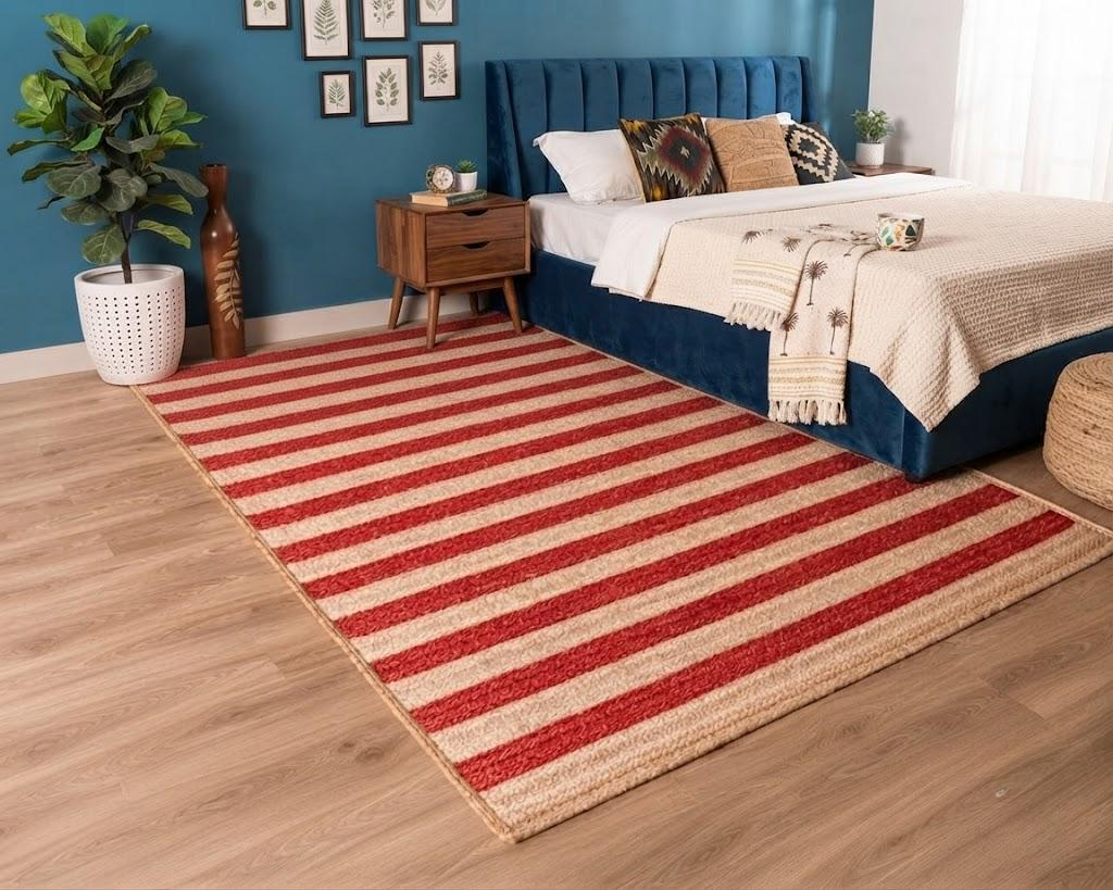 Natural Jute Area Rug Hand Woven Braided Sisal Rug Home Decor Farmhouse Carpet Rag Rug for Kitchen Living Room and Bedroom - Rectangle (Red & Beige)