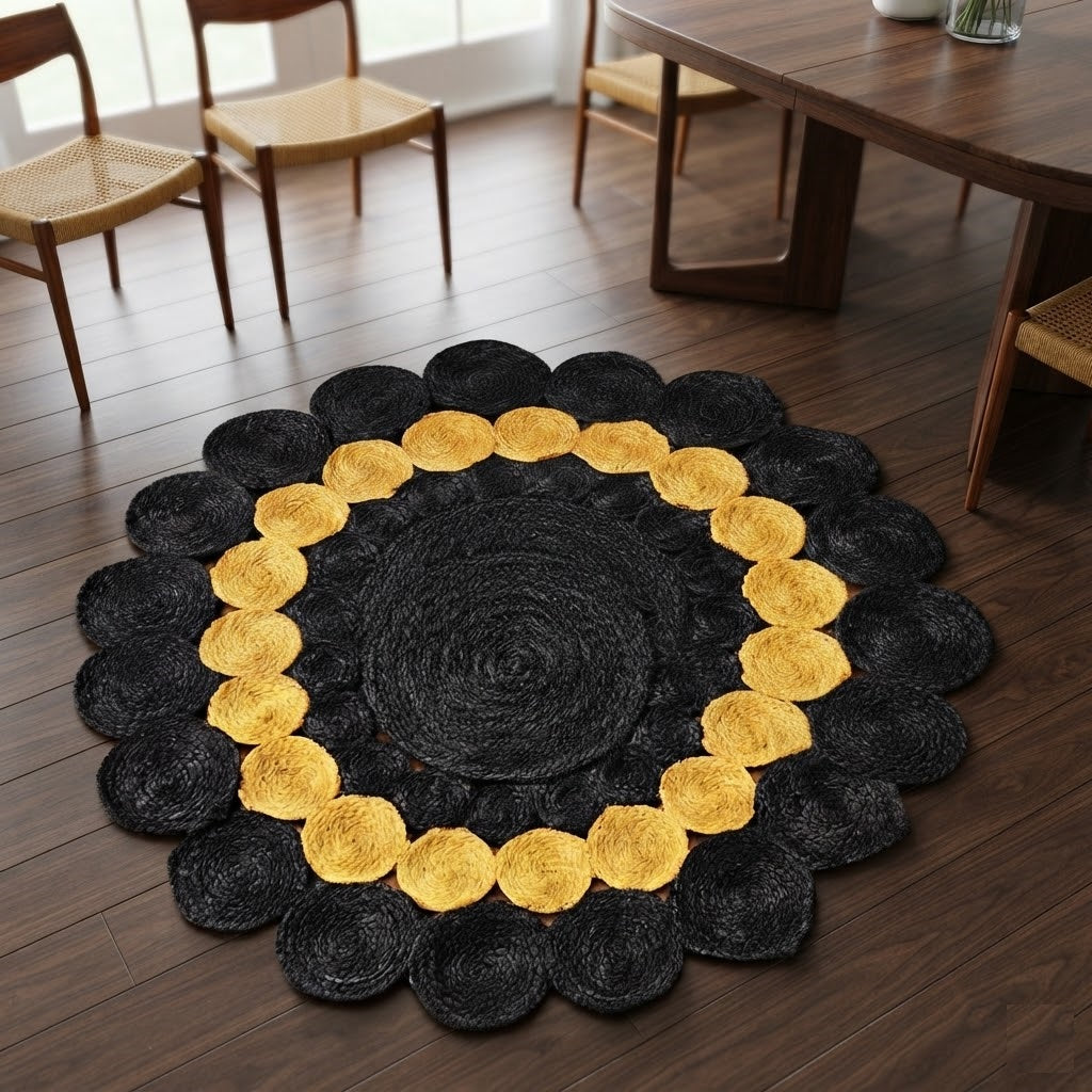 Jute Rug Round Shape Area Rug 100% Hand Braided Rustic Look Area Rug for Home Decor Farmhouse Boho Carpet Mats ( Black & Yellow)