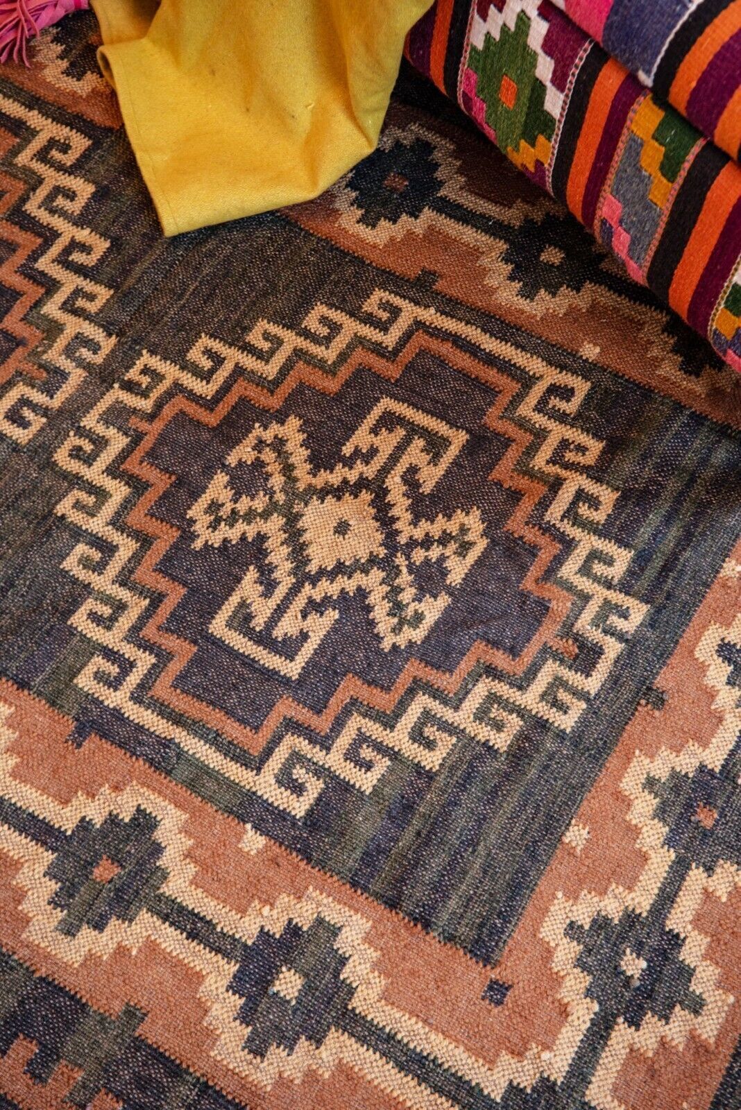 Handmade Rectangle Kilim WoolBoho Rustic Look Durable Area Carpet Jute Rug Farmhouse Mats