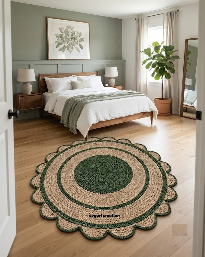 Round Shape Area Rug 100% Hand Braided Rustic Look Carpet for Home Decor Farmhouse Boho Scallop Rugs (Green Border)
