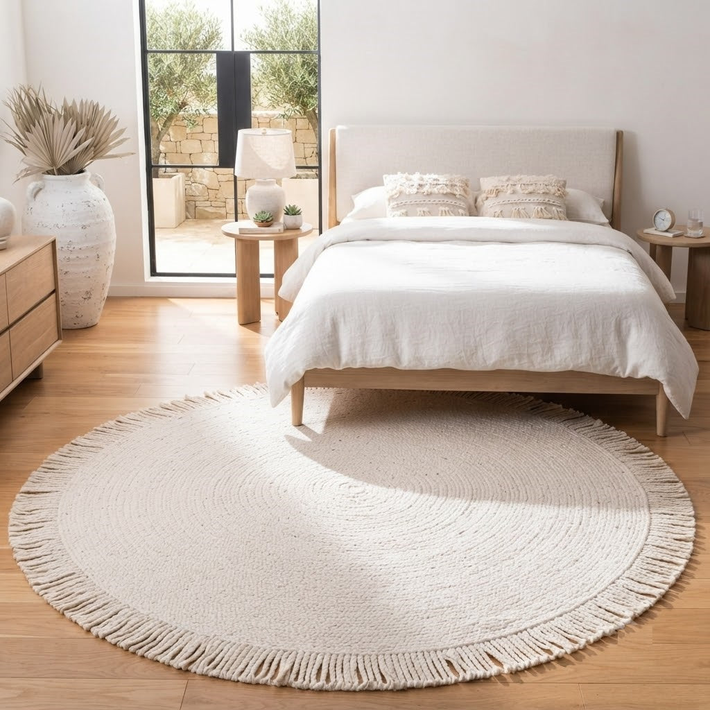 Round Shape Area Rug 100% Hand Braided Rustic Look Carpet for Home Decor Farmhouse Boho Rugs Mats With Fringes (White)