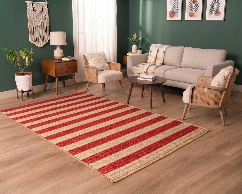 Natural Jute Area Rug Hand Woven Braided Sisal Rug Home Decor Farmhouse Carpet Rag Rug for Kitchen Living Room and Bedroom - Rectangle (Red & Beige)