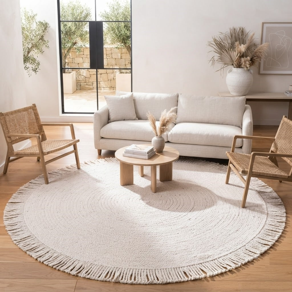 Round Shape Area Rug 100% Hand Braided Rustic Look Carpet for Home Decor Farmhouse Boho Rugs Mats With Fringes (White)