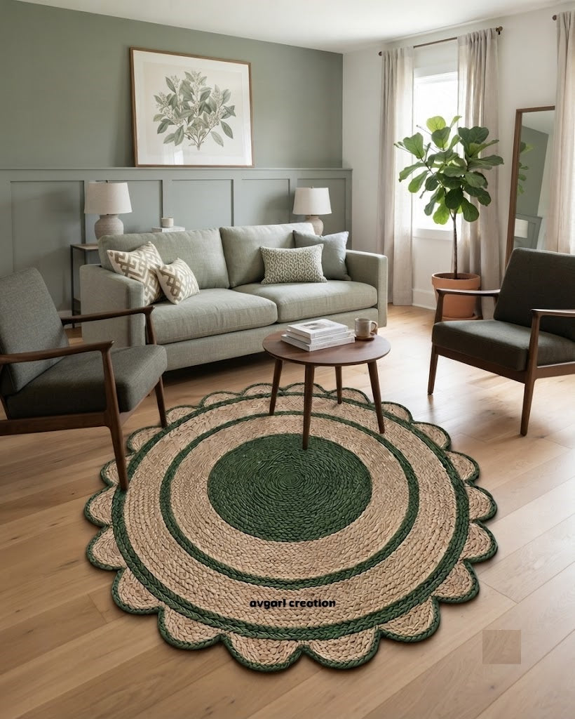 Round Shape Area Rug 100% Hand Braided Rustic Look Carpet for Home Decor Farmhouse Boho Scallop Rugs (Green Border)
