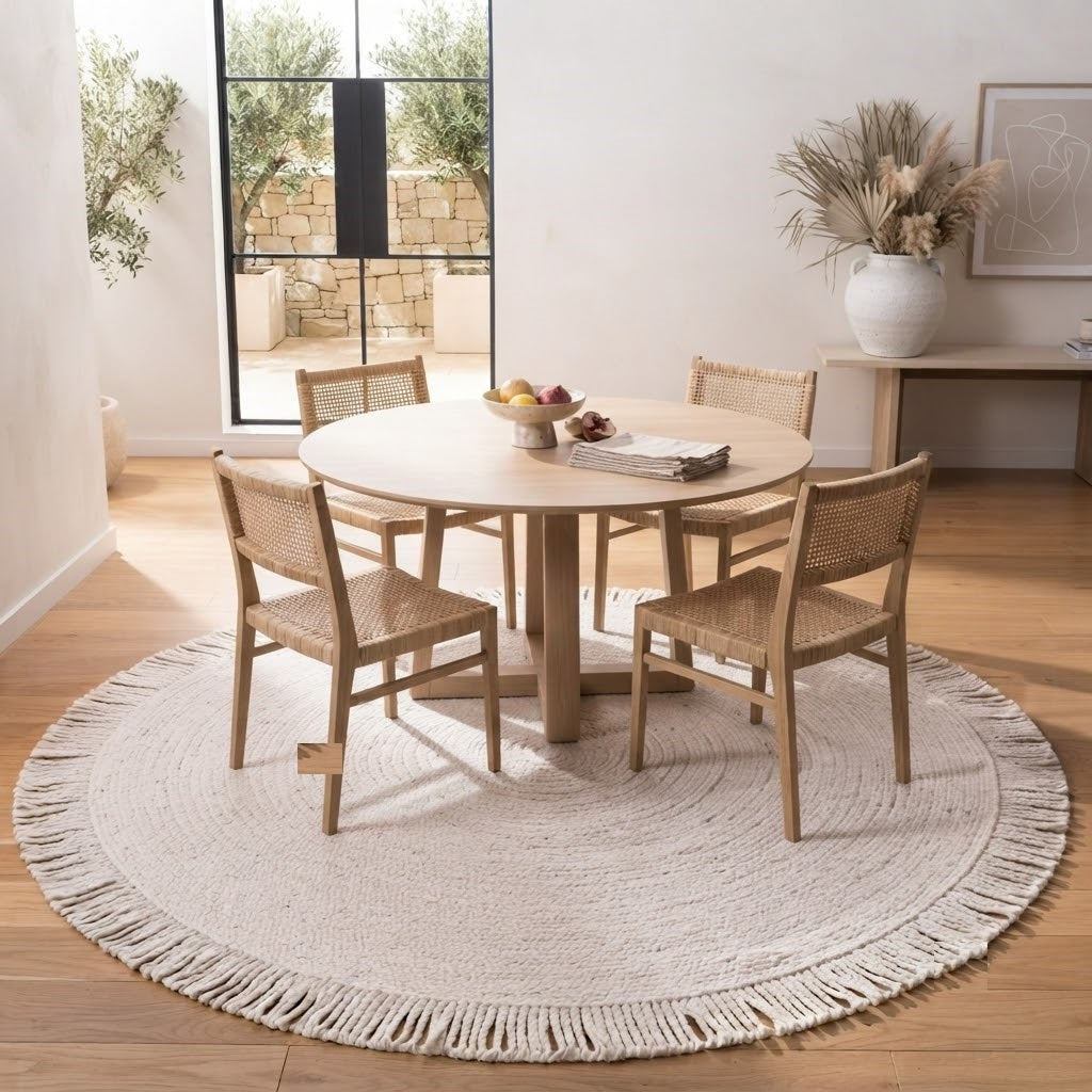 Round Shape Area Rug 100% Hand Braided Rustic Look Carpet for Home Decor Farmhouse Boho Rugs Mats With Fringes (White)