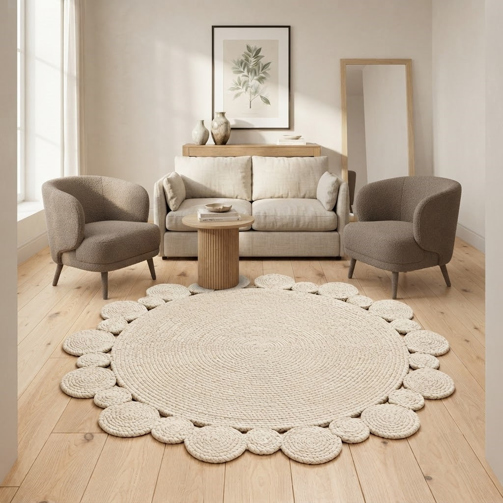 Round Shape Area Rug 100% Hand Braided Rustic Look Carpet for Home Decor Farmhouse Boho Scallop Rugs (Off white)