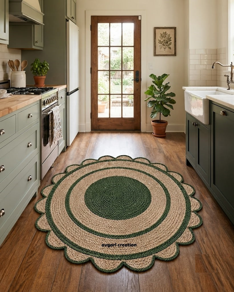 Round Shape Area Rug 100% Hand Braided Rustic Look Carpet for Home Decor Farmhouse Boho Scallop Rugs (Green Border)