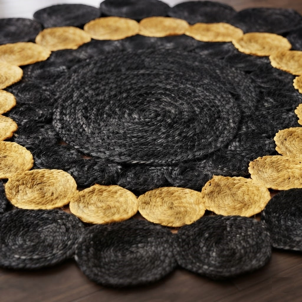 Jute Rug Round Shape Area Rug 100% Hand Braided Rustic Look Area Rug for Home Decor Farmhouse Boho Carpet Mats ( Black & Yellow)