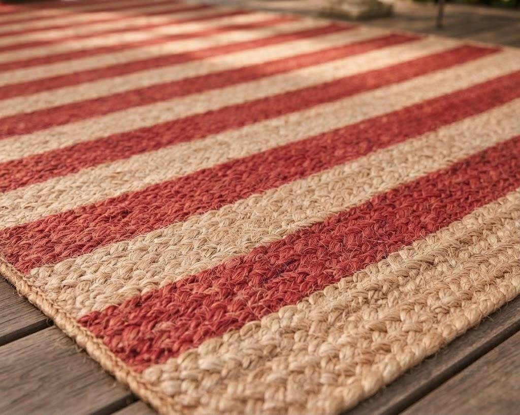 Natural Jute Area Rug Hand Woven Braided Sisal Rug Home Decor Farmhouse Carpet Rag Rug for Kitchen Living Room and Bedroom - Rectangle (Red & Beige)