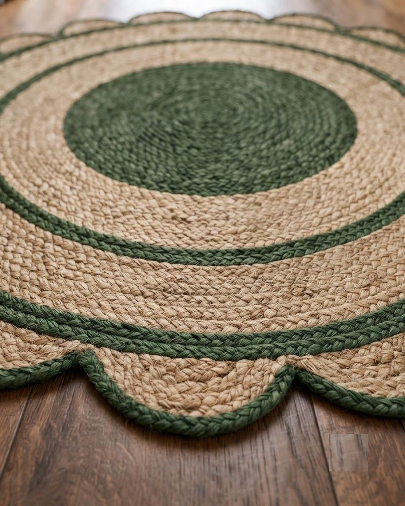 Round Shape Area Rug 100% Hand Braided Rustic Look Carpet for Home Decor Farmhouse Boho Scallop Rugs (Green Border)