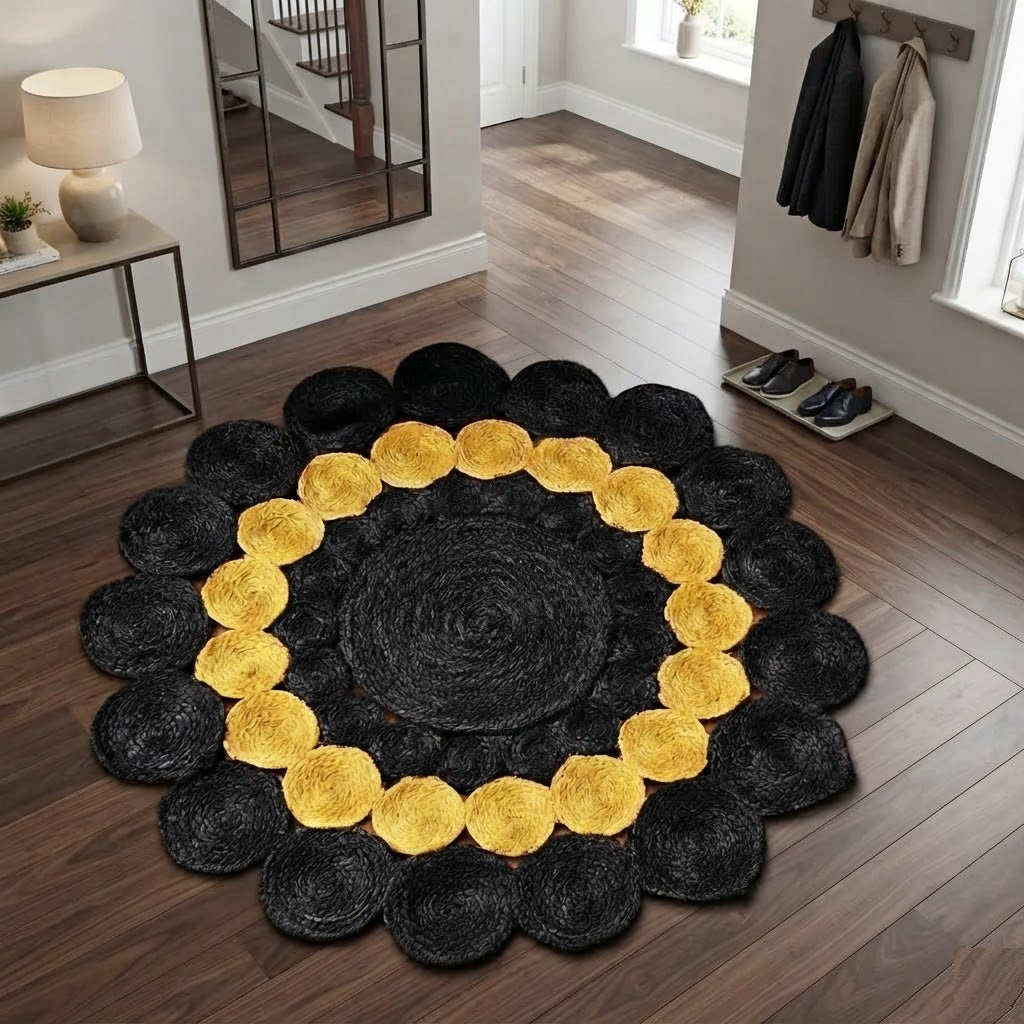 Jute Rug Round Shape Area Rug 100% Hand Braided Rustic Look Area Rug for Home Decor Farmhouse Boho Carpet Mats ( Black & Yellow)