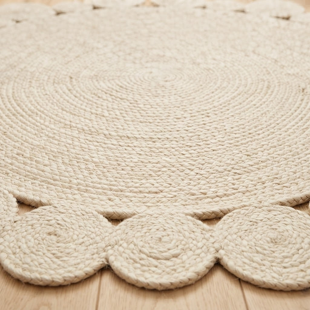 Round Shape Area Rug 100% Hand Braided Rustic Look Carpet for Home Decor Farmhouse Boho Scallop Rugs (Off white)